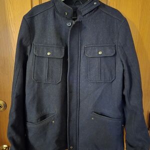 Banana Republic Mens Navy Wool Blend Full Zip Peacoat Tall Large 4 Pocket Jacket